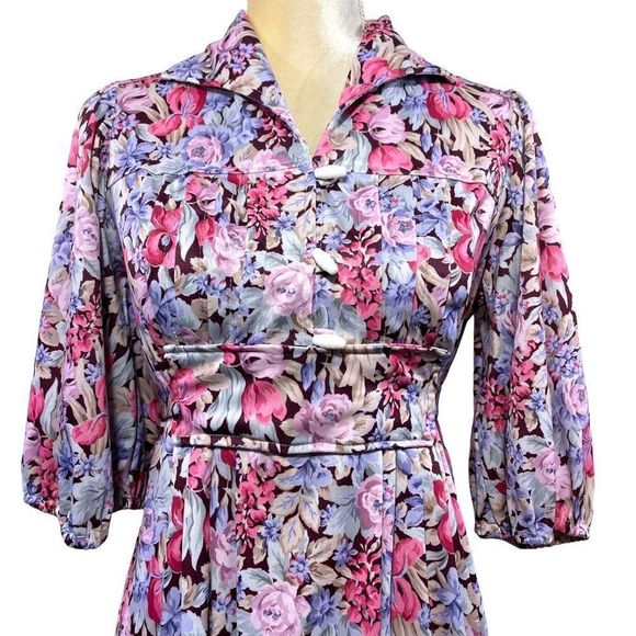 70s Vintage Brown Pink Purple Floral Empire Waist Dress with Attached Ties Sz 11 - Picture 4 of 6